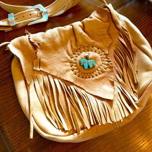 Boho Handmade Artisan Buckskin Fringe Purse with Turquoise 🪴